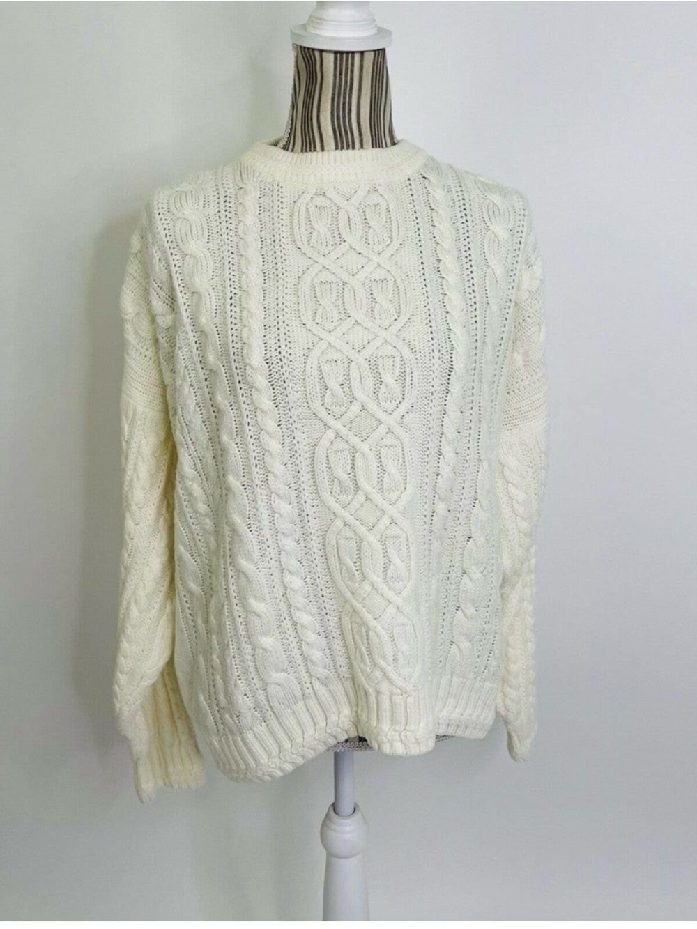 Vintage 90s Cottage Core Fisherman Knit Chunky White Jumper Sweater L/XL Women's